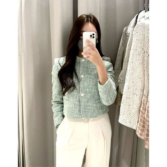 ZARA TEXTURED CROP BLAZER GREEN / ECRU XL NWT - Picture 9 of 10